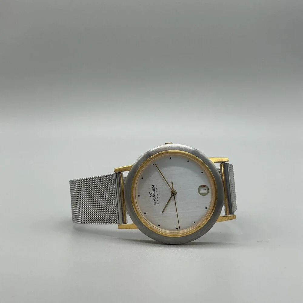 Skagen 16LGS Mens Watch 34mm Silver Tone Two Tone Stainless Date New Battery